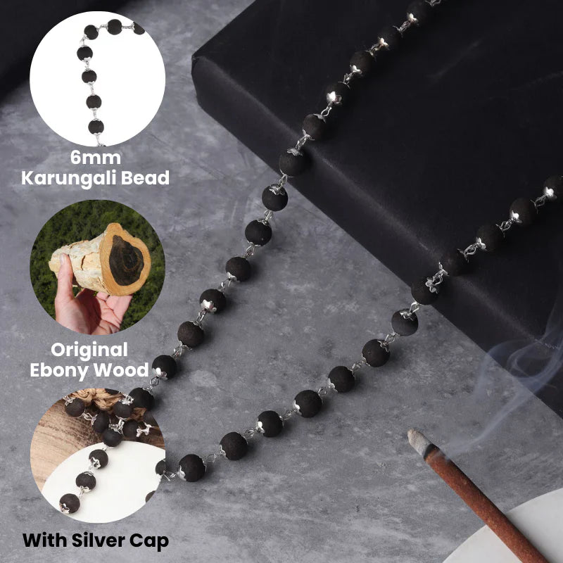 Karungali Malai 8mm Silver Cap Plated Necklace with Certification.