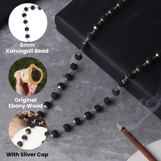 Karungali Malai 8mm Silver Cap Plated Necklace with Certification.